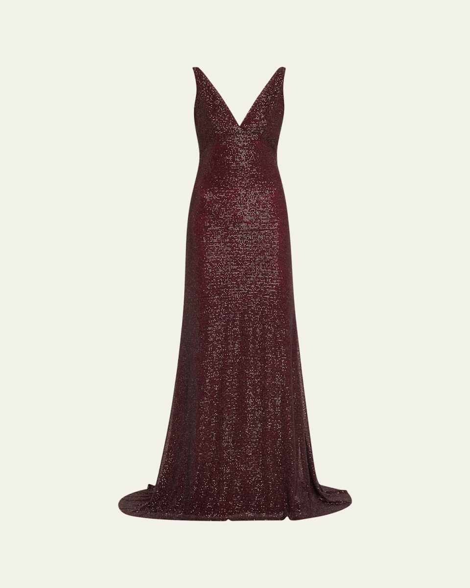 Bead Sequined V-Neck Cowl Back Gown